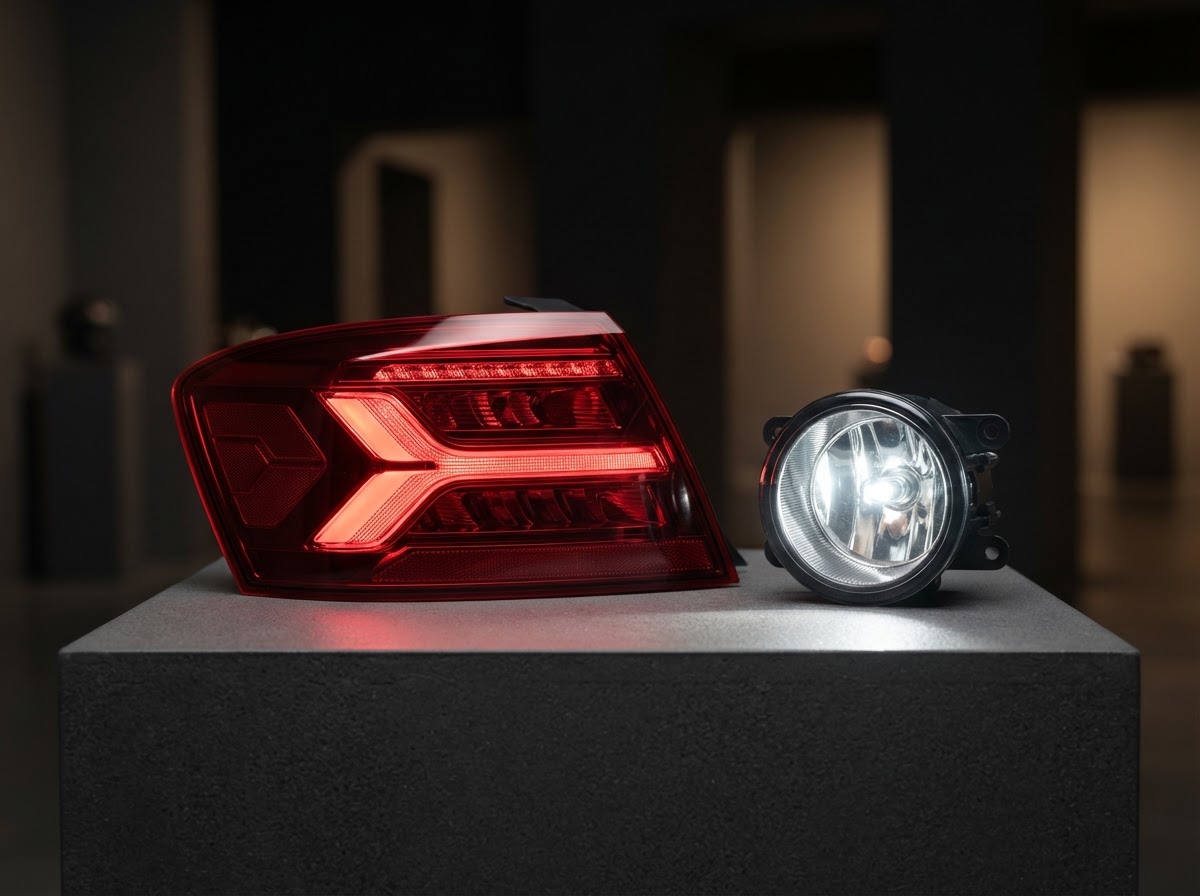 Pair of aftermarket headlights on display