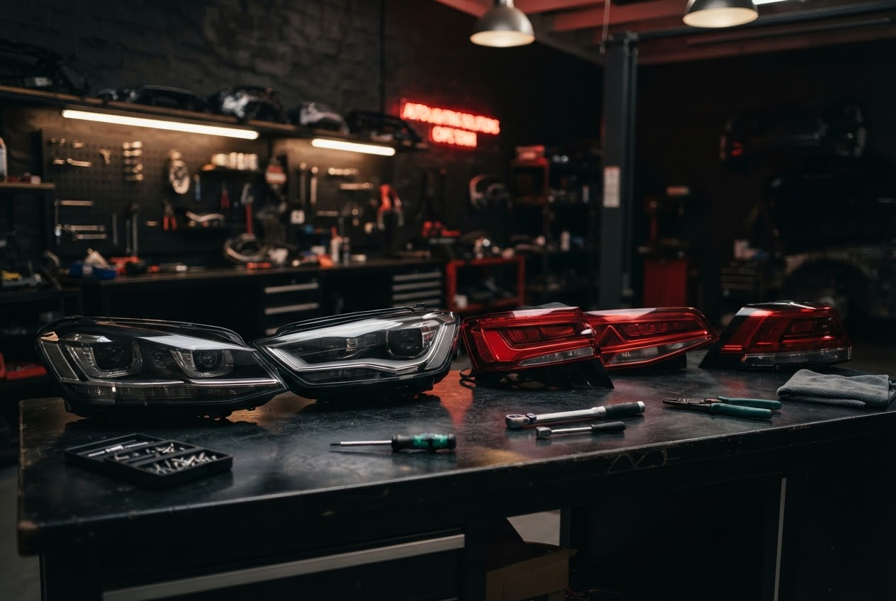 P3 Lenses workshop bench with headlights and tail lights